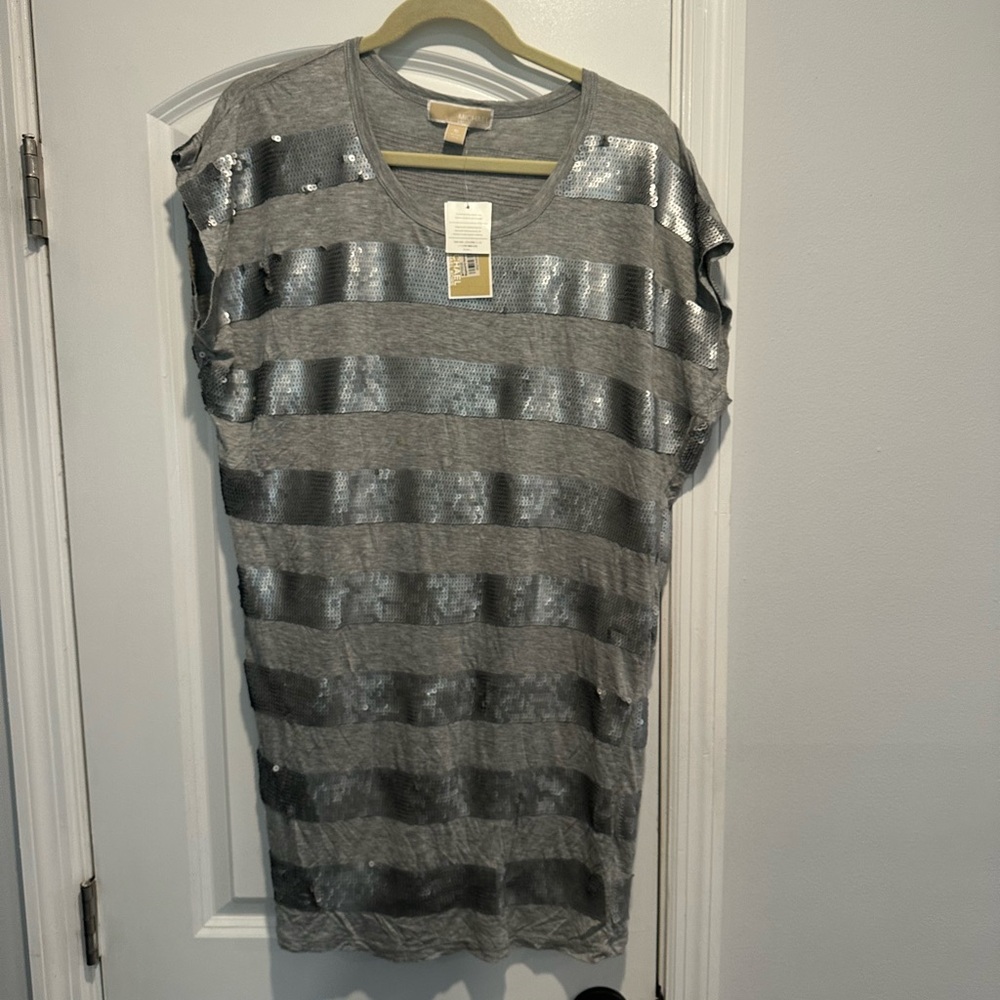 Michale Kors Silver Sequin Striped Women's Shirt Dress